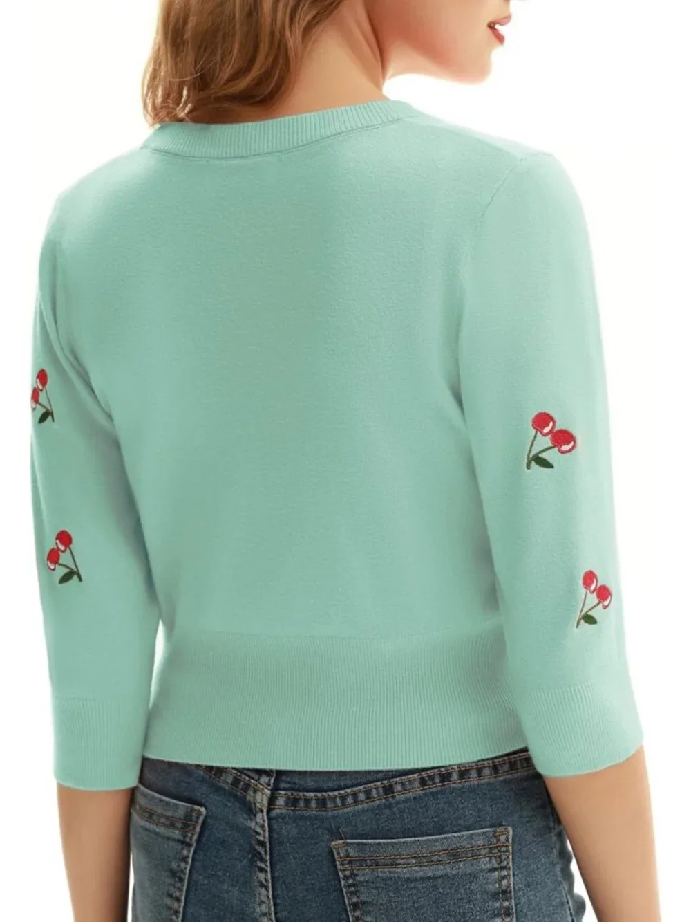 Chic 3/4 Sleeve V-Neck Button Down Cropped Cardigan with Cherry Embroidery